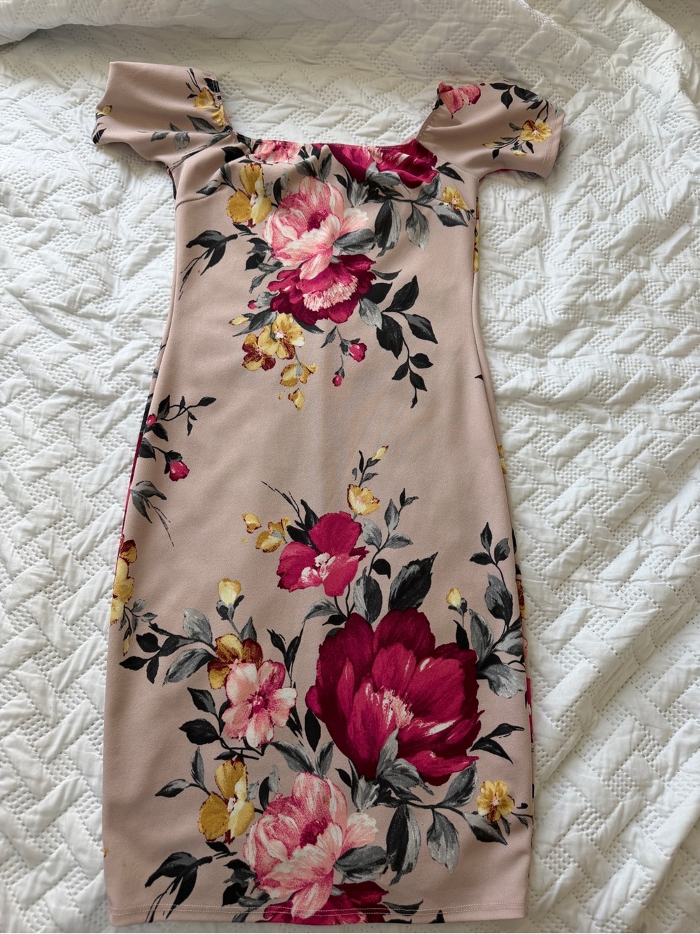 Charlotte Russe Blush Midi Dress with Pink & Yellow Floral Print (0009)